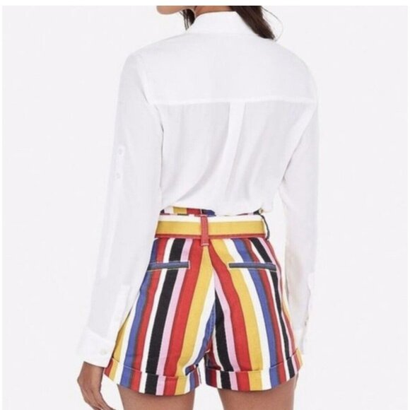 Express Paperbag Waist Jean Shorts Extreme High Rise Striped Y2K Retro Shortie 6 - Picture 12 of 12
